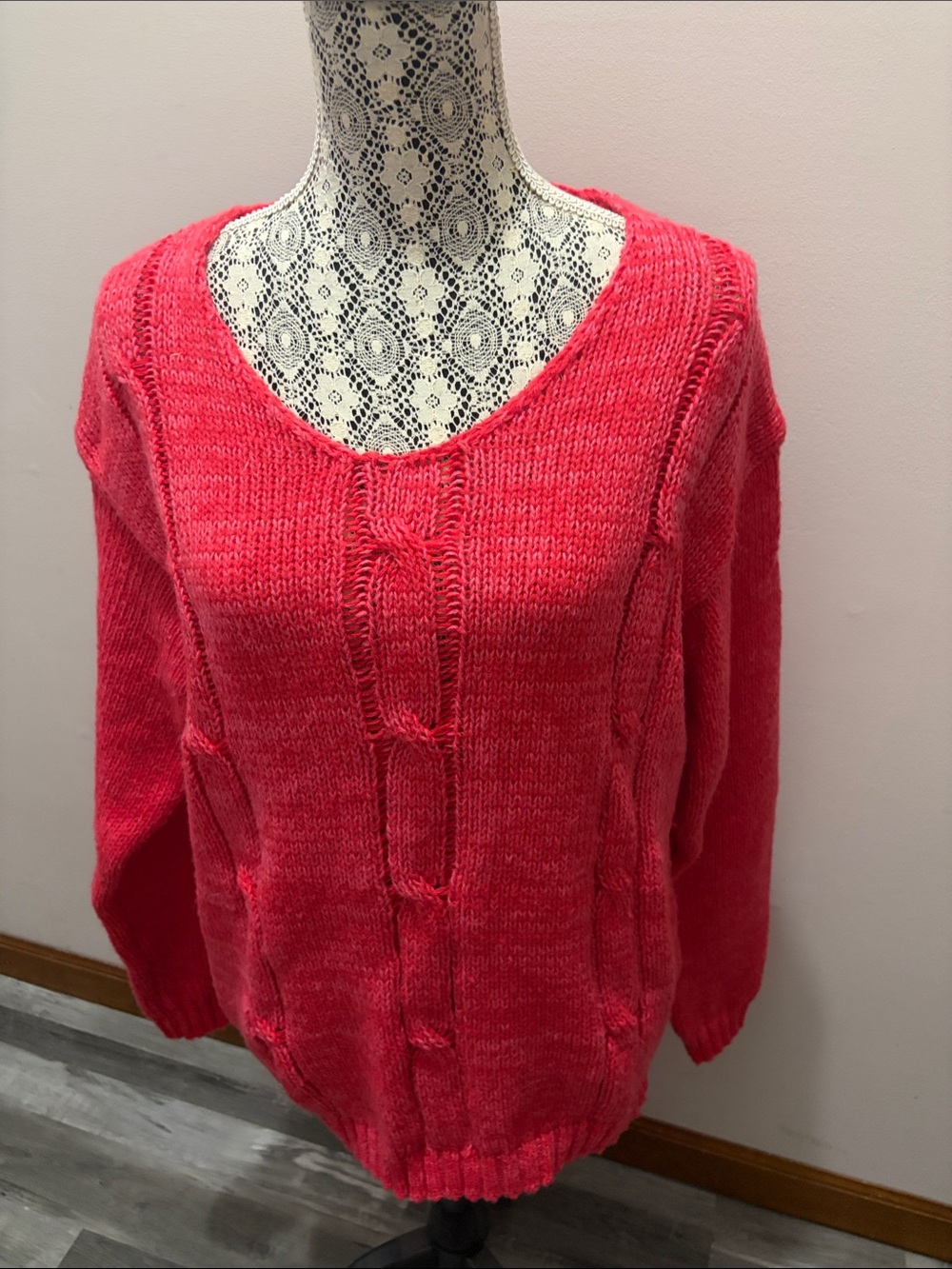 Women's Cable Knit Scoop Neck Sweater - Coral